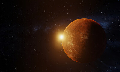 Obraz na płótnie Canvas A red-orange planet, similar to mercury, in space with cosmic mist. galaxy. A planet obscuring the sun is called a ring solar eclipse. 3D Rendering