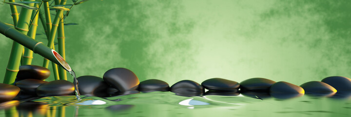 Clearwater flows out of bamboo sections. The shiny black stones overlap. The background is green and yellow waves like water waves. Spa style images. 3D Rendering - obrazy, fototapety, plakaty