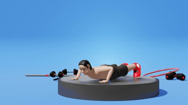 3D model of character. Chubby young man doing exercise with pushup on stage. Doing exercise with dumbbells and hula hoops placed on the floor. 3D rendering