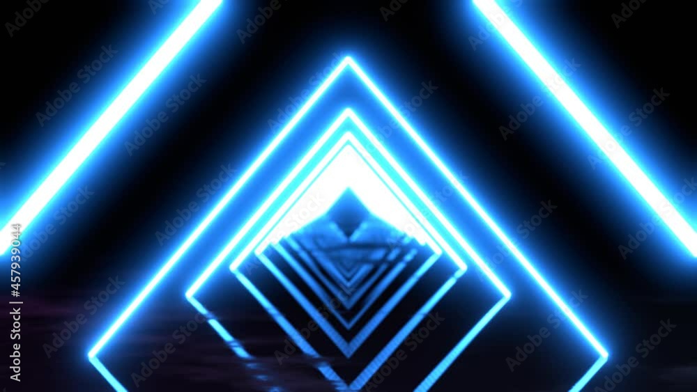 Poster move forward into light bulb looping, glow, triangular shape, on the surface with watery reflection.
