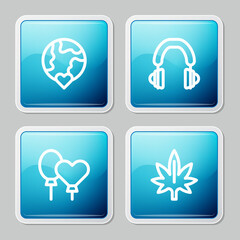 Set line The heart world - love, Headphones, Balloons and Marijuana icon. Vector