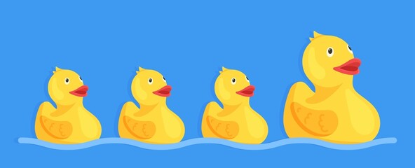 Vector illustration of rubber ducks. One big duck. 
 And three little ducklings. Inflatable rubber duck. Yellow duck toy. Ducks floating in water. 