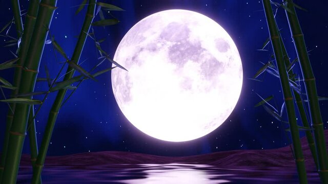 Full moon night or supermoon reflected on the sea. There is a backdrop of bamboo. The zen style image looks calm, Movment bamboo trees and water surface. 3D rendering