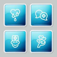 Set line Blood donation, Dialogue with doctor, Male and Heart in hand icon. Vector