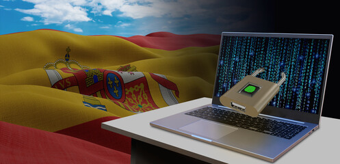 Waving national flag of the Spain. Concept for information technology and data security safety to prevent cyber attack. Internet and network security.