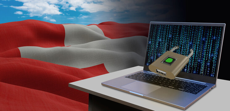 Waving national flag of the Switzerland. Concept for information technology and data security safety to prevent cyber attack. Internet and network security.