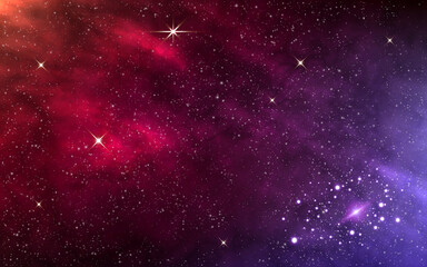 Space background. Realistic universe with spiral galaxy. Bright color nebula. Color cosmos with planet and stars. Purple starry texture. Magic milky way. Vector illustration