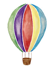 Watercolor painting of rainbow color hot air balloon isolated on white background