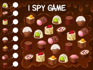 Chocolate truffle, roasted nuts candy, praline sweets kids spy game. Vector educational puzzle, how many sweet desserts task for baby numeracy and attention skills development, cartoon riddle page