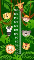 Kids height chart african and tropical cartoon animals growth measure. Vector wall sticker meter for children height measurement, cute zebra, giraffe, lion and leopard with monkey and tiger characters