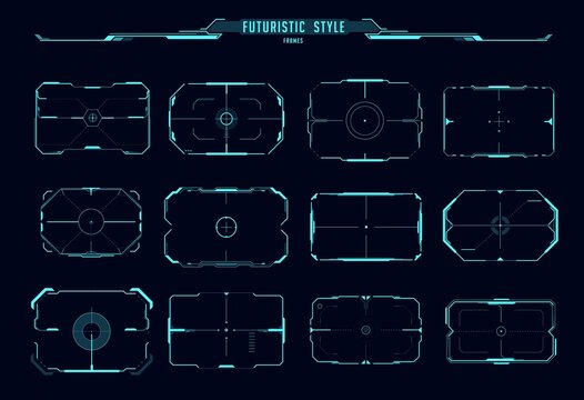HUD aim control frames, ui interface vector design of sci fi game. Digital target futuristic frame borders with neon viewfinders and crosshairs, future technology head up display or dashboard screen