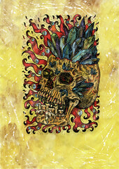 Grunge watercolor illustration of creepy skull as a sun symbol with crystals.