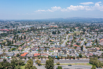 Fototapeta premium Aerial view of a southern California neighborhood next to a sports park.