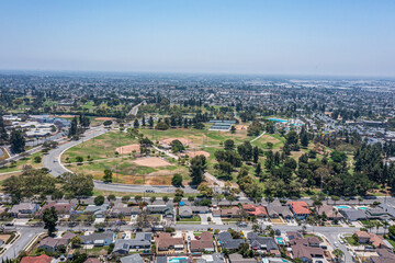 Aerial view of sports park in suburban California neighborhood.