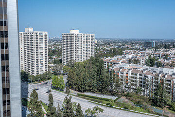 Aerial view of upscale condos and apartments in Century City, Los Angeles, California
