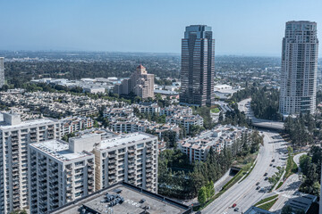 Century City skyline aerial drone view from above, Los Angeles skyscrapers, California, USA