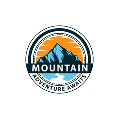 Mountain adventure await logo badge illustration. Vector graphic for outdoor adventure sign symbol.