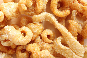 Delicious pork crackling detail, appetizer.
