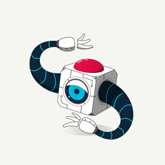 Modern white square robot mascot with one eye and robotic hands, Isolated on a white background
