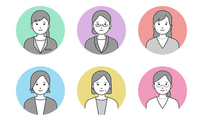 ビジネスウーマンのアイコンセット（線画カラフル）