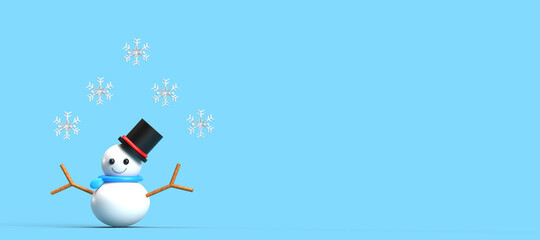 Snowman santa white color funny smile charater sign symbol decoration ornament merry christmas happy new year december winter season celebration festival on blue background copy space.3d render