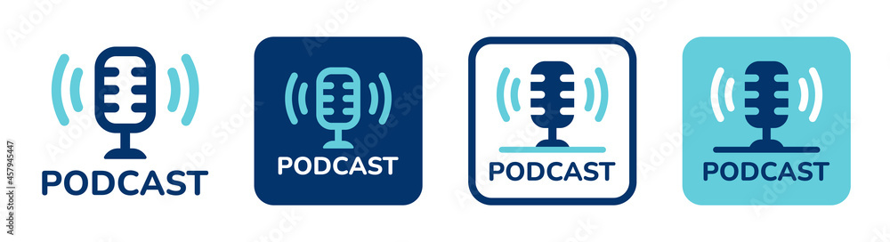 Aufkleber podcast icons set. studio table microphone with sound broadcast audio waves symbol sign
