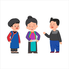 Traditional dress of Lisu Tibetan Burmese people living in Thailand Asia cute flat illustration - obrazy, fototapety, plakaty