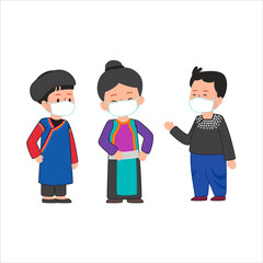 Traditional dress of Lisu Tibetan Burmese people living in Thailand Asia cute flat illustration wearing a mask