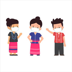 Traditional dress of Karen long neck people living in Thailand Myanmar Asia cute flat illustration wearing a mask