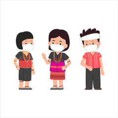 Traditional dress of Karen long neck people living in Thailand Myanmar Asia cute flat illustration wearing a mask