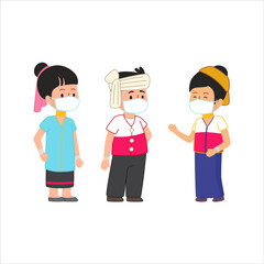 Traditional dress of Karen long neck people living in Thailand Myanmar Asia cute flat illustration wearing a mask - obrazy, fototapety, plakaty