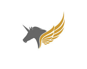 Unicorn head with golden spread wings illustration
