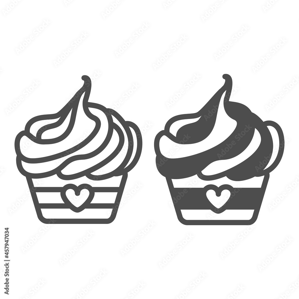 Poster cupcake with whipped cream frosting and heart line and solid icon, pastry concept, muffin vector sig