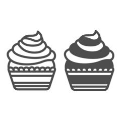 Cupcake with air cream frosting, buttercream line and solid icon, pastry concept, fluffy muffin vector sign on white background, outline style icon for mobile concept and web design. Vector graphics.