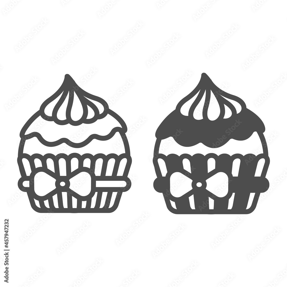 Poster cupcake with chocolate and whipped cream with bow line and solid icon, pastry concept, muffin vector