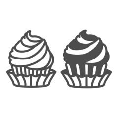 Cupcake with cream frosting, two flavors line and solid icon, pastry concept, fluffy muffin vector sign on white background, outline style icon for mobile concept and web design. Vector graphics.