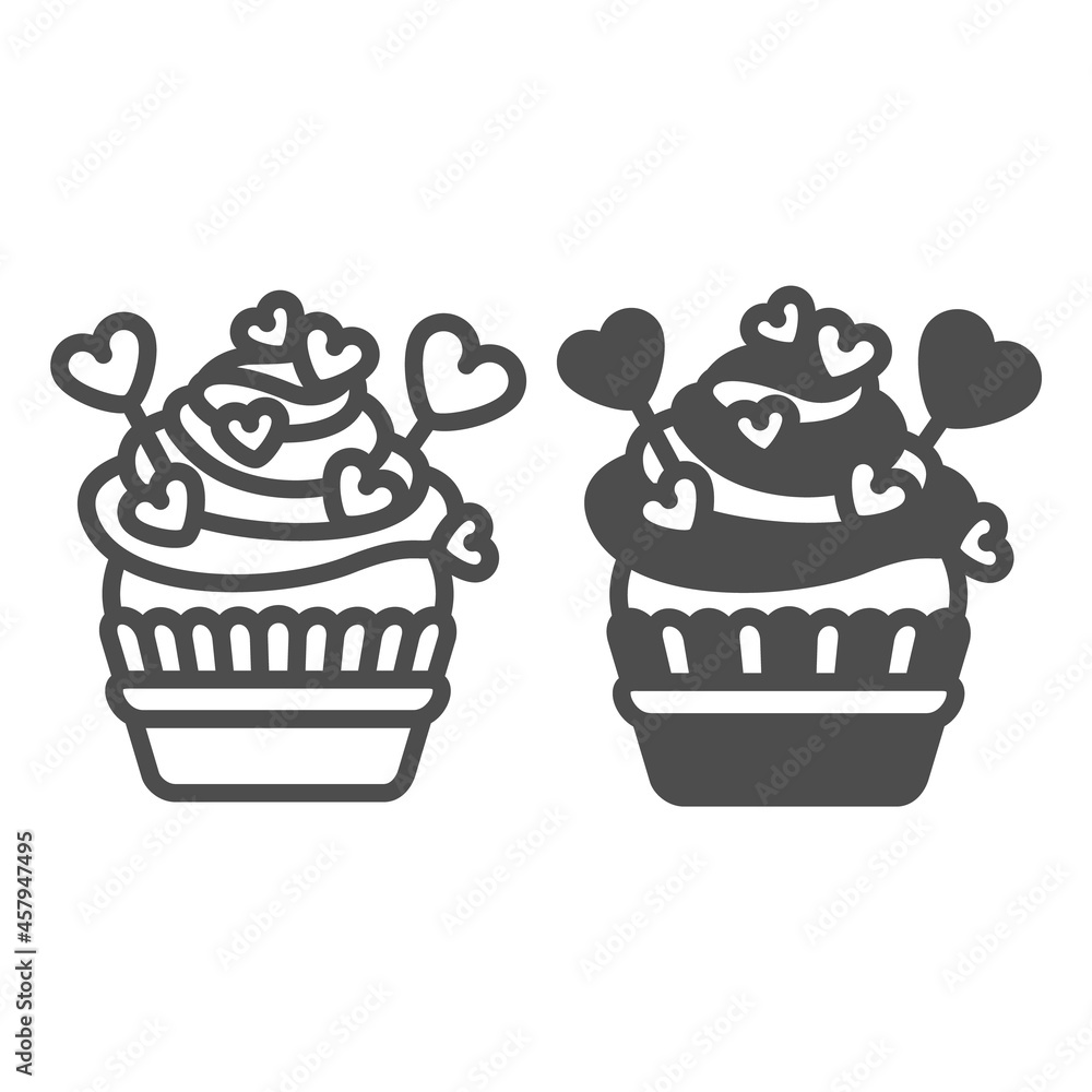 Poster cupcake with frosting, heart on stick and sprinkles line and solid icon, pastry concept, muffin vect
