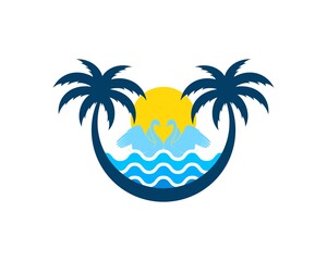 Fototapeta premium Circular palm tree with abstract beach wave and swan couple inside