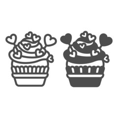 Cupcake with frosting, heart on stick and sprinkles line and solid icon, pastry concept, muffin vector sign on white background, outline style icon for mobile concept and web design. Vector graphics.