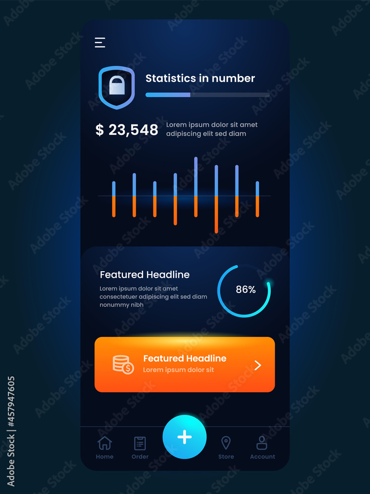 Aufkleber dark blue mobile user interface layout of data statistics chart analytics modern shiny button vector