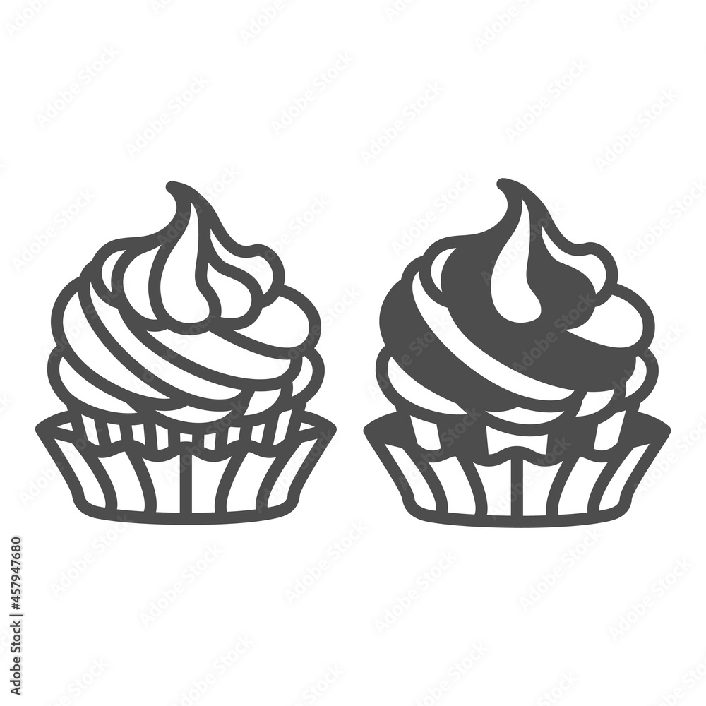 Poster cupcake with whipped cream frosting line and solid icon, pastry concept, muffin with icing vector si