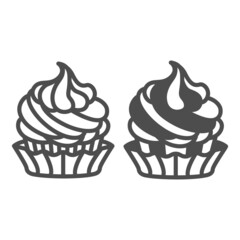 Cupcake with whipped cream frosting line and solid icon, pastry concept, muffin with icing vector sign on white background, outline style icon for mobile concept and web design. Vector graphics.