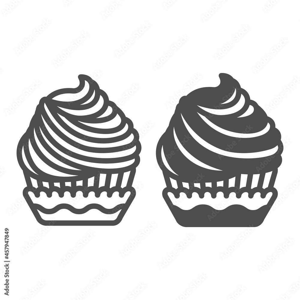Poster cupcake with cream frosting line and solid icon, pastry concept, muffin with icing vector sign on wh