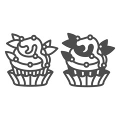 Cupcake with frosting, sugar beads and leaves deco line and solid icon, pastry concept, muffin vector sign on white background, outline style icon for mobile concept and web design. Vector graphics.