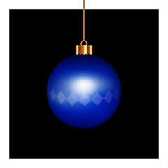 Blue Christmas ball decorated with geometry shape hanging isolated on black background. Realistic bauble blue ball decoration for New year, Christmas, tree, festive, banner, tree. Vector illustration.