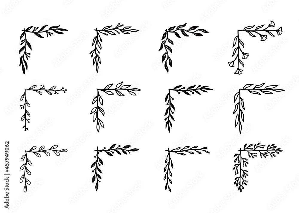 Aufkleber corner flourish border set. hand drawn doodle style corner with rustic floral element. vector illust