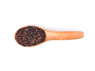 Riceberry Rice, Thailand Rice and wooden spoon on white background. Top view