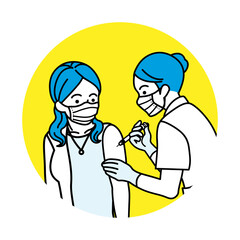 ワクチン接種　女性と看護師 - 上半身　円形クリップアート