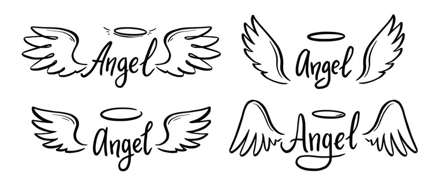 Angel wing with halo and angel lettering text set. Hand drawn line sketch style wing. Simple vector illustration.