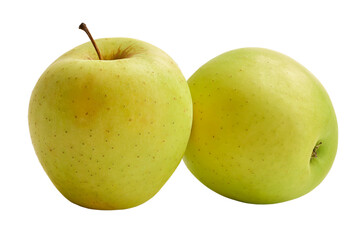 The fresh Golden Delicious apples are isolated on a white background.